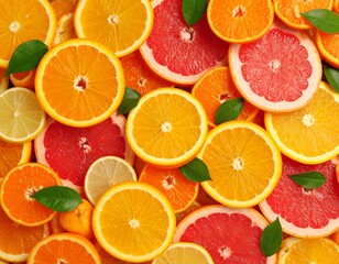 Citrus Symphony: A Vibrant Collage of Fresh Fruit Slices and Green Leaf Accents