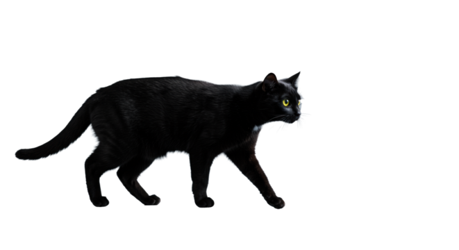 A sleek black cat with vibrant yellow eyes, walking gracefully on a reflective platform in a minimalist high-key studio environment with ample negative space, symbolizing intelligent strategies
