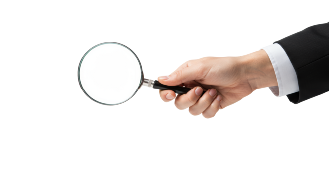 Well-manicured, gender-neutral hand holding a silver magnifying glass over a transparent surface, subtle business shirt cuff visible, eye-level shot with soft studio lighting. Concept of meticulous