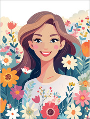  Creative art collage with beautiful meadow flowers and woman on color background