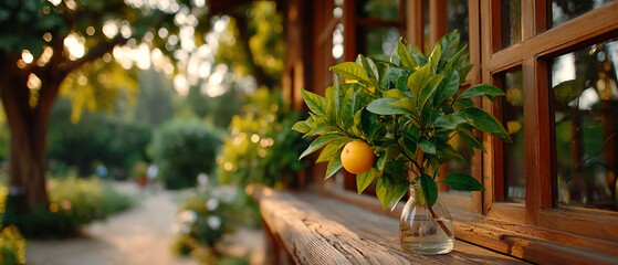 Sunlight kisses orange tree by rustic window