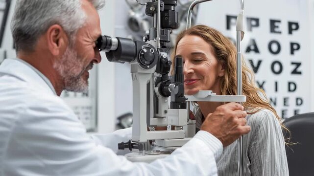 Friendly Optometrist Conducting Eye Test with Patient in Modern Clinic Using Eye Chart and Equipment