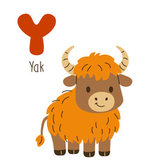 Cute cartoon illustration of a yak with the letter Y, ideal for kids' alphabet learning, educational posters, and nursery decor