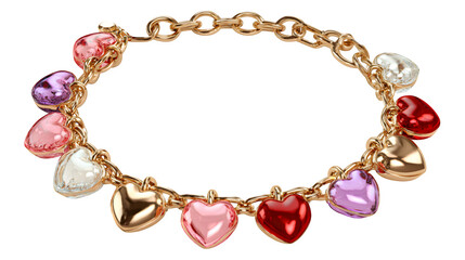 Gold charm bracelet with heart pendants, isolated on transparent background