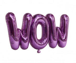 Shiny purple balloons spell out the word wow isolated on transparent background