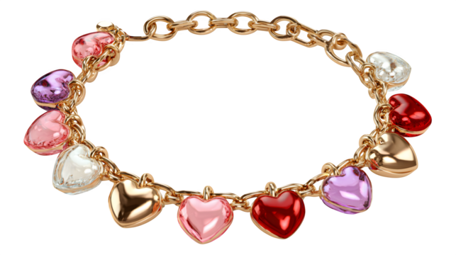 Gold charm bracelet with heart pendants, isolated on transparent background