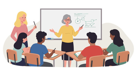 Senior female professor teaching a lesson to a multicultural class of young adults, highlighting education, teamwork, and knowledge.