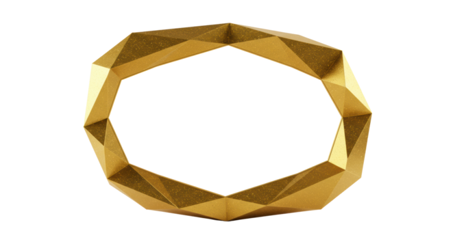 Golden polygonal frame, sleek, modern, shimmering metallic with glitter texture and reflections, isolated on transparent background with copy space, concept of high-end structure and value