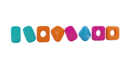Eight identical sleek modern abstract icons in vibrant teal, orange, magenta, blue, green, on a transparent minimalist studio surface, concept of choice, innovation, and diversity