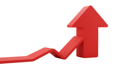 Vibrant deep red 3D arrow with soft, rounded edges, polished, pointing upwards on a transparent high-key studio background, emphasizing progress and optimism. Concept of growth and success