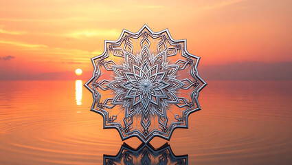 Intricate snowflake crystal illuminated by a warm sunset