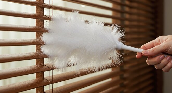 Close-up of a hand cleaning dusty blinds with a feather brush - Powered by Adobe