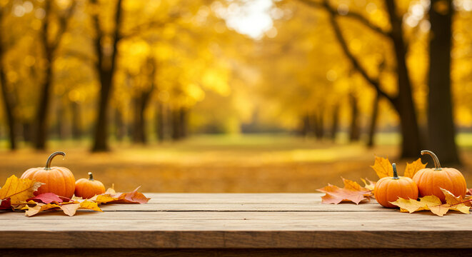 Pumpkins and autumn leaves on wooden table in fall nature setting  