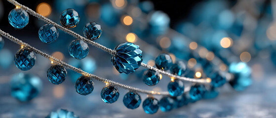 Teal faceted spheres twinkle on strands
