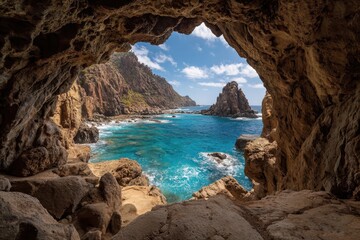 Obraz premium Coastal Cave View Ocean, Cliffs, Sunlight. Landscapes