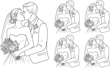 Wedding couple kissing line art, romantic bride and groom illustration, multiple poses, floral bouquet, black and white sketch drawing