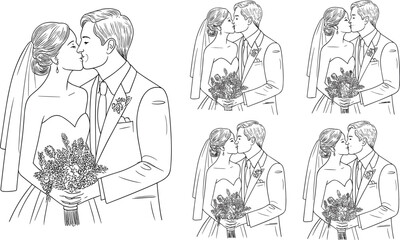 Wedding couple kissing line art, romantic bride and groom illustration, multiple poses, floral bouquet, black and white sketch drawing