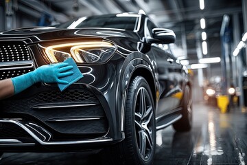 Obraz premium Black Suv Detailing In Industrial Facility
