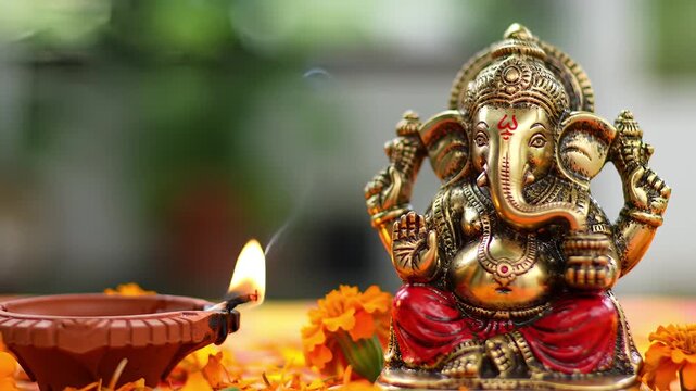 Hindu god Ganesh statue with traditional oil lamp and marigold flowers. Religious concept for Ganesh Chaturthi, Navratri, Durga Puja, Sankashti Chaturthi, Vinayaka Chavithi, Diwali 