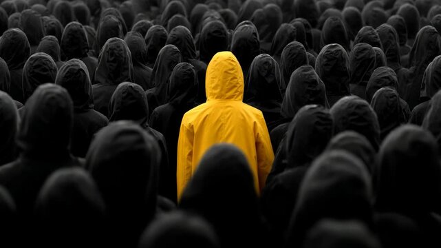Unique Person, Yellow Hoodie Hope and Individuality in Dark Crowd