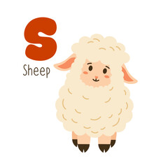 Cute cartoon illustration of a sheep with the letter S, ideal for kids' alphabet learning, educational posters, and nursery decor