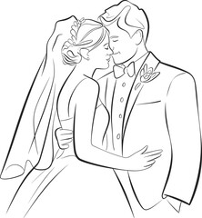 Wedding couple kissing line art, romantic bride and groom illustration, multiple poses, floral bouquet, black and white sketch drawing