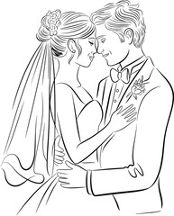 Wedding couple kissing line art, romantic bride and groom illustration, multiple poses, floral bouquet, black and white sketch drawing