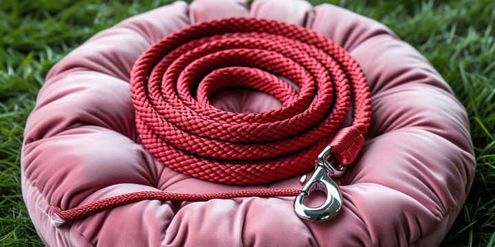 Red rope leash on pink cushion with green grass image