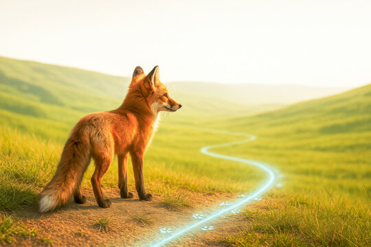 Ultra-realistic illustration of a vibrant red fox standing on a sunlit hill, gazing over glowing blue animal tracks winding through green hills, symbolizing shared journeys and connection 