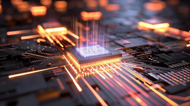 Abstract Quantum Computing Concept Featuring Glowing Chips and Advanced Technology Elements in a Futuristic Setting