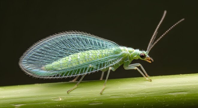 Detailed macro shot of a vibrant green lacewing insect, highlighting its delicate and translucent lace-like wings on a plant stem.