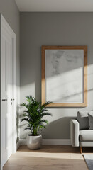 Sunlight streams into a modern living room illuminating a potted plant and sofa