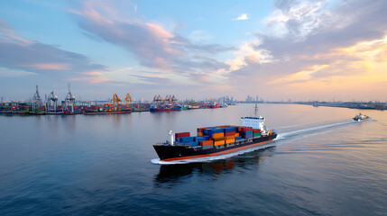 Obraz premium Container Cargo freight ship with working crane bridge at dusk for Logistic Import Export background