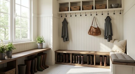 Welcoming home entryway with rustic decor, wooden bench seating, and ample storage for an organized lifestyle.