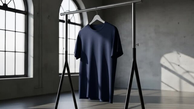 Minimalist blue crew neck t-shirt on a chrome clothing rack in a dark studio setting for fashion retail