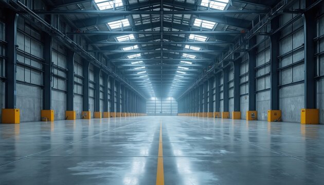 Vast empty warehouse interior features polished concrete floor, rows of metal support beams under bright lights. This industrial space offers sense of scale and immense storage capacity for logistics.
