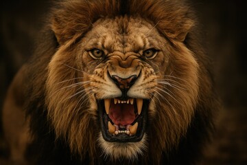 Dramatic close-up of a furious male lion roaring fiercely, baring its sharp fangs in a display of power and dominance