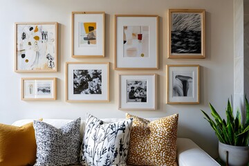 Fototapeta premium Gallery wall with abstract and nature art prints