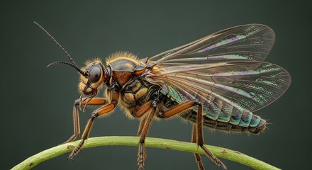 Fototapeta premium Incredible macro portrait of a winged insect with a golden body and iridescent abdomen, resting peacefully on a green plant stem.