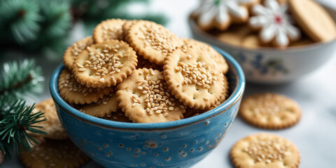 Round sesame crackers in blue bowl with festive greenery sesame seeds green branches