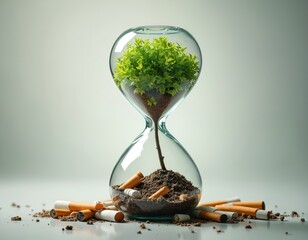 Symbolic image of World No Tobacco Day. Hourglass contains growing plant and soil with cigarettes. Represents time for quitting addiction, choosing health, environmental growth, and future life.