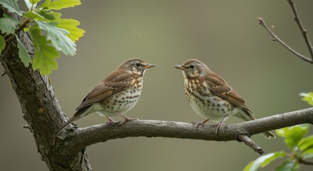 Fototapeta premium Two Song Thrushes Facing Each Other on a Branch in Natural Habitat with Oak Leaves and Soft Background Lighting Creating a Peaceful Bird Watching Experience