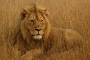 Fototapeta premium Majestic male lion with a beautiful golden mane rests peacefully in the tall dry savanna grass of Africa
