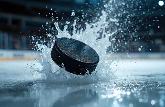 Ice hockey puck in mid-air spray water action shot. Dynamic movement on frozen rink. Fast puck flight generates ice splash. Competitive sport, winter game.