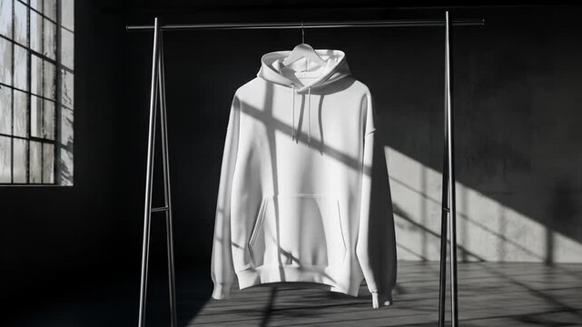 White blank hoodie mockup on a hanger against a dark background. Minimalist template for apparel design and branding.