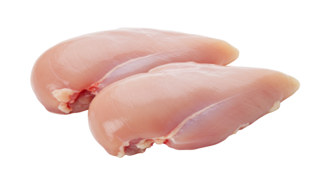 Two plump, raw chicken breast fillets, unseasoned, pink hue, subtle moisture sheen on a transparent background with ample negative space, concept of healthy cooking ingredients