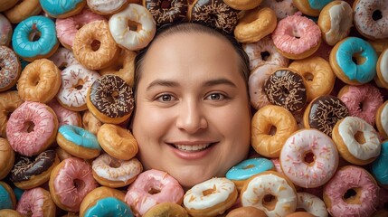 A cheerful man is resting among a vibrant assortment of donuts in various colors and toppings at a bakery. The joyful atmosphere highlights indulgence and sweetness.