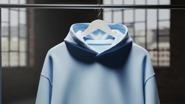 Modern light blue hoodie hanging on a clothing rack in an industrial loft setting. Blank apparel for brand mockup.