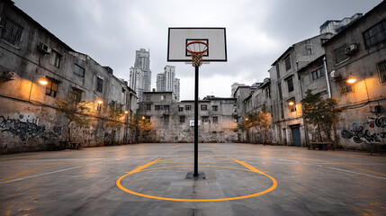 Urban basketball court amidst decaying buildings city backdrop