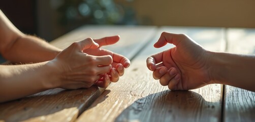 Close-up hands gesturing during conversation. Nonverbal communication conveys emotions and ideas. Hands actively express meaning, showing interaction and engagement.
